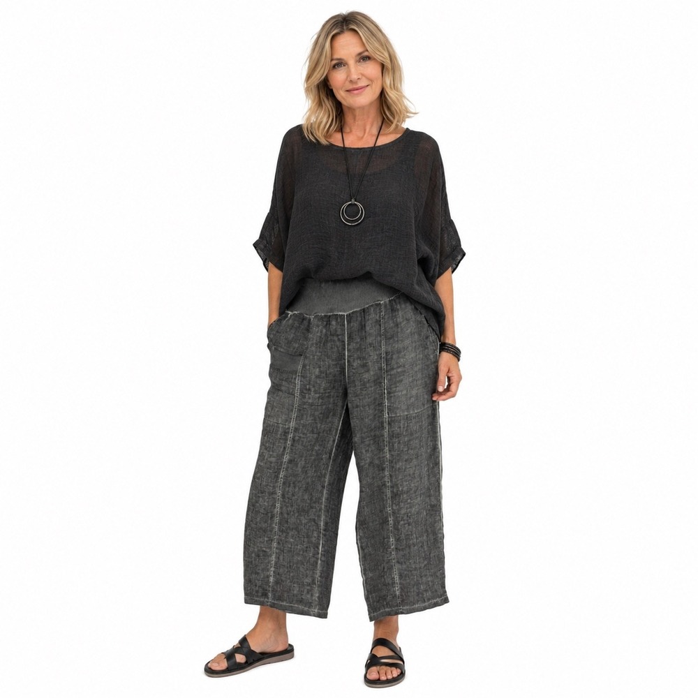 Inizio Italy Linen Wide Leg Pull On Pants Size L Mineral Wash Lagenlook cropped